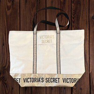 VICTORIA'S SECRET Gold Glitter Tan Beige Canvas Zipper Tote Bag NEW
